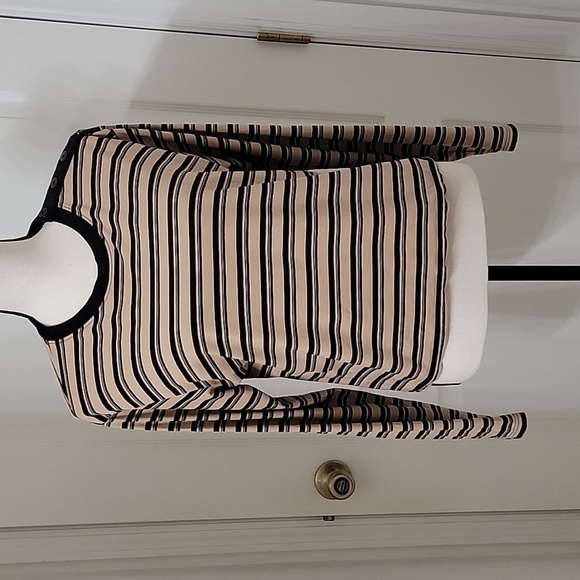 ATM Size M Tan w/ Black Stripes Boy Tee, Long Sleeve, Button Shoulder Detail EUC - Picture 1 of 14